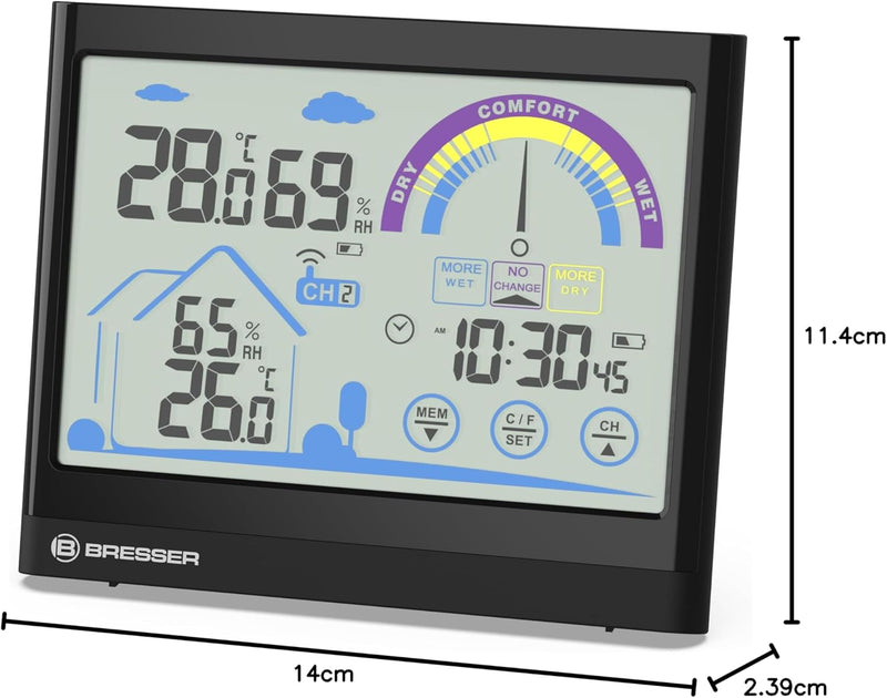 Bresser 7007402 Touchscreen Wetterstation Funk- Thermo-/Hygrometer mit Lüftungsempfehlung, Schwarz S