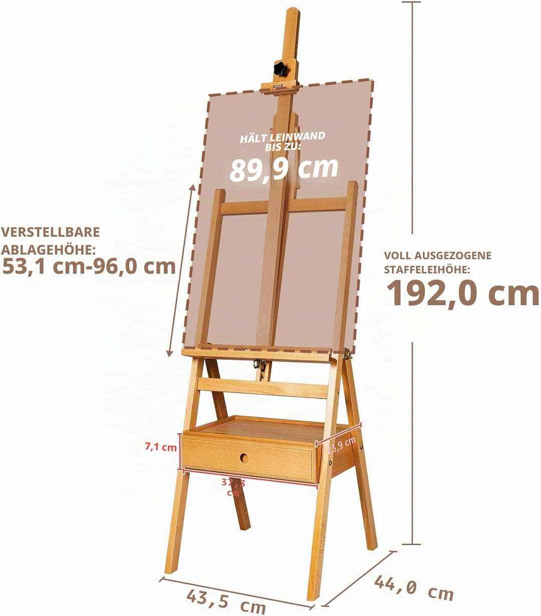 DJAR Staffelei mit Schublade, Staffelei Holz Gross aus Massivem Buchenholz, Verstellbar bis 190,5 cm