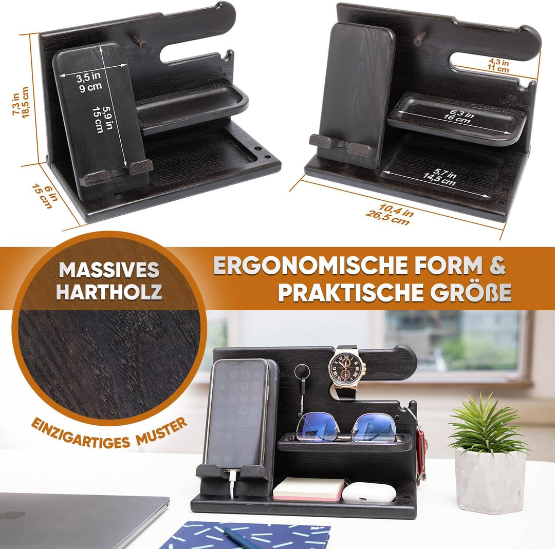 TESLYAR Männer Docking Station & Schreibtisch Organizer Holz mit Handyständer Schwarz für Büro Aufbe