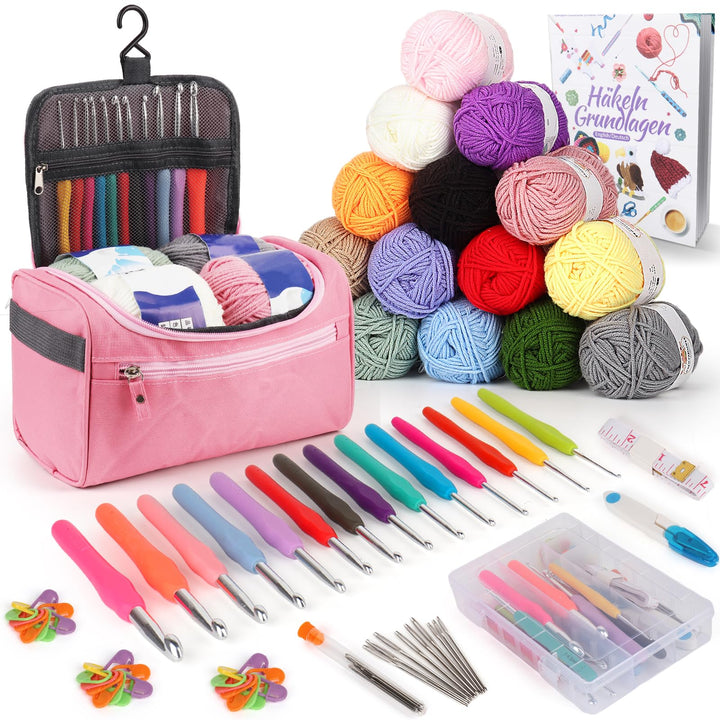Coopay 73 Stück Häkelset für Anfänger, Tragbar Häkelnadel Set mit 15 Wolle, Tasche, Häkelzubehör, 2,