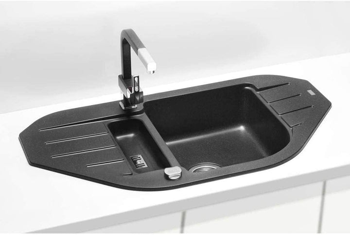 VBChome Spülbecken 90x50 cm Schwarz Granit 1,5 Becken 1,5 Abtropffläche Einbauspüle gesprenelt Ecksp
