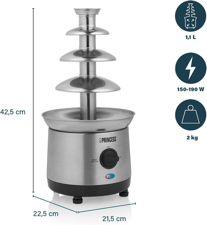 Princess Schokoladenbrunnen XXL – 4 Etagen, Warmhaltefunktion, 190 Watt, 1,1 Liter, PFOA und BPA Fre