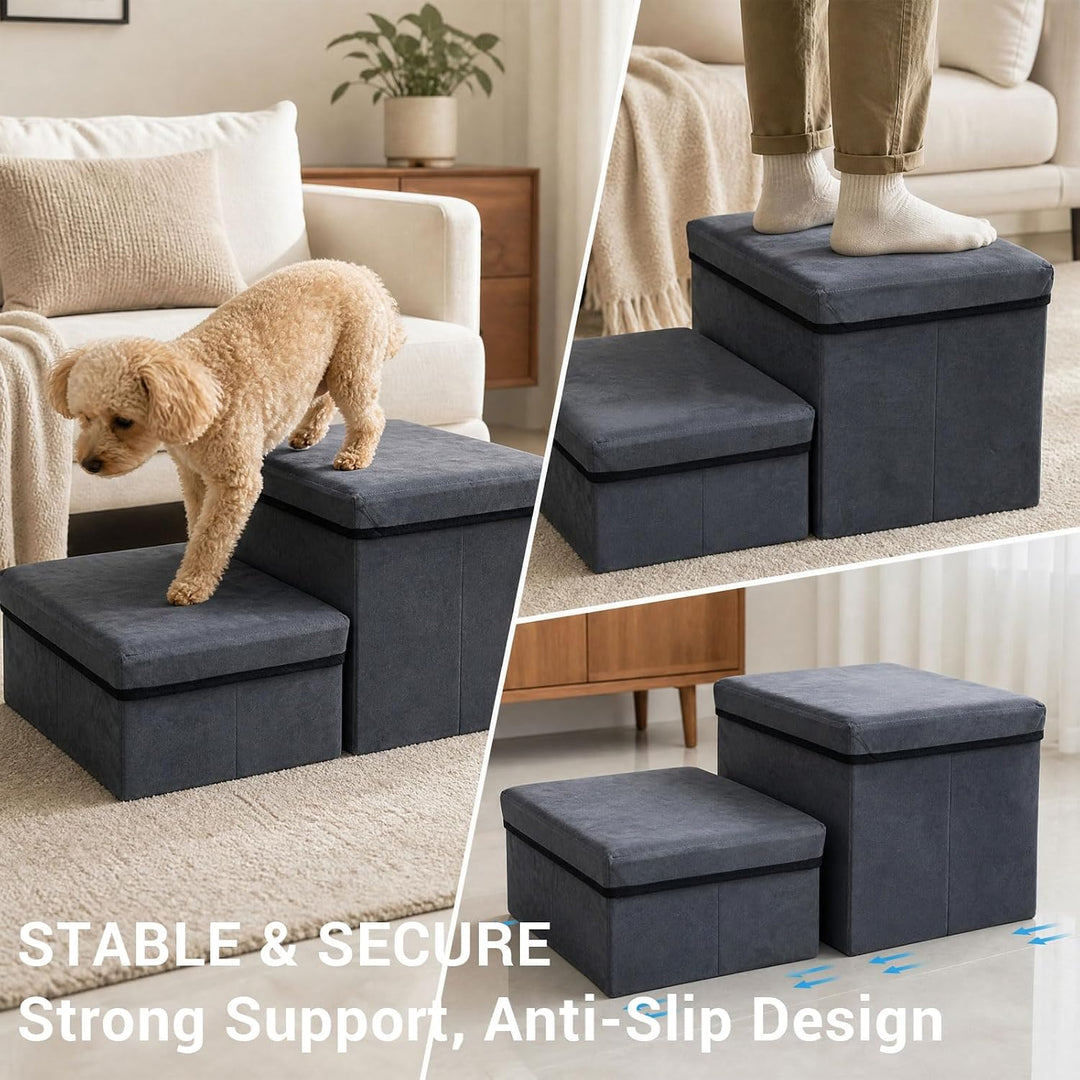 Hundetreppe mit Stauraum 2 Stufen Faltbar 60x40x30cm - Rutschfeste Haustiertreppe für Bett Und Sofa
