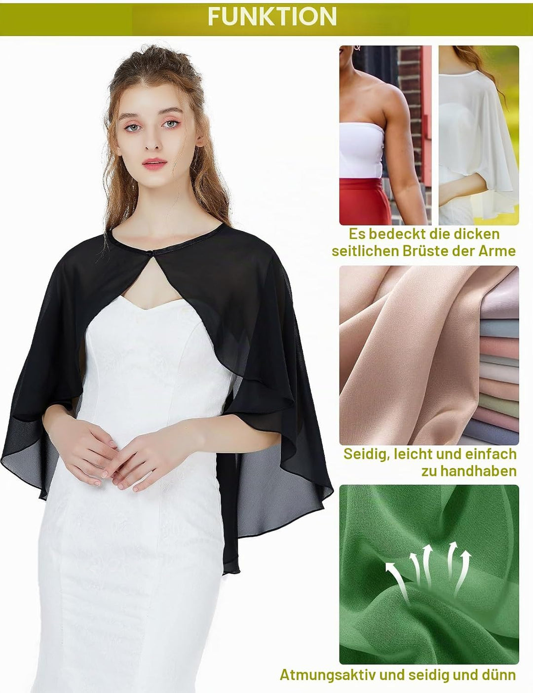 BEAUTELICATE Chiffon Stola Damen Festlich Chiffon Schal Cape Bolero Strickjacke für Hochzeit Braut A