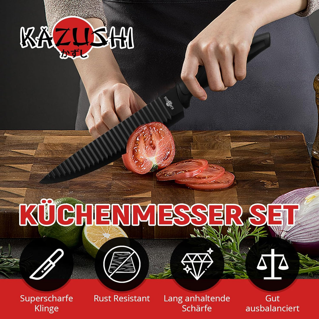 6-teilig Messerset mit Messerhalter, Küchenmesser Set, Profi Messerset mit Block, Edelstahl Messer S