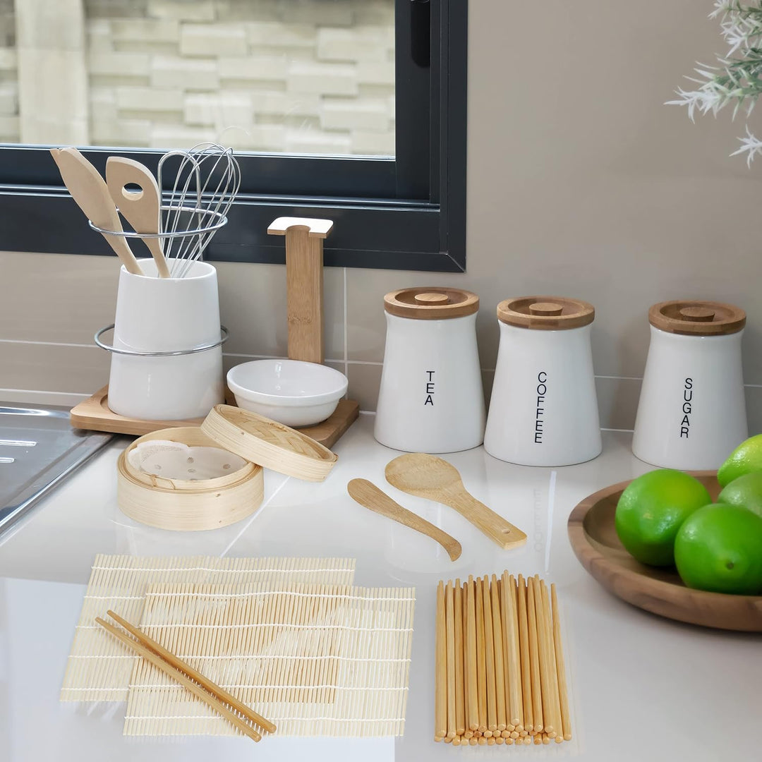 Relaxdays Sushi Set, Bambus, 2 Sushimatten, Dampfgarer, 20 Paar Essstäbchen, Reislöffel, Reisspatel,