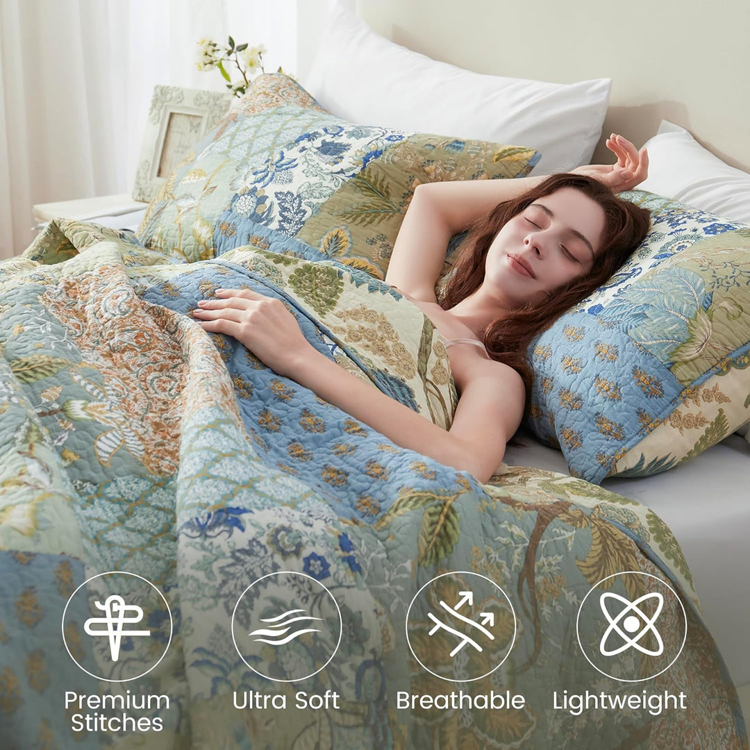 NEWLAKE Tagesdecke-Set mit echter Stickerei, Bohemian-Blumenmuster, King-Size King Böhmisches Blumen