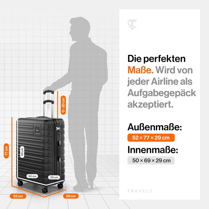 Travely Polycarbonat Koffer Gross 77cm XL - 100L Innenvolumen - 158cm Gurtmass, sehr robuster Hartsc