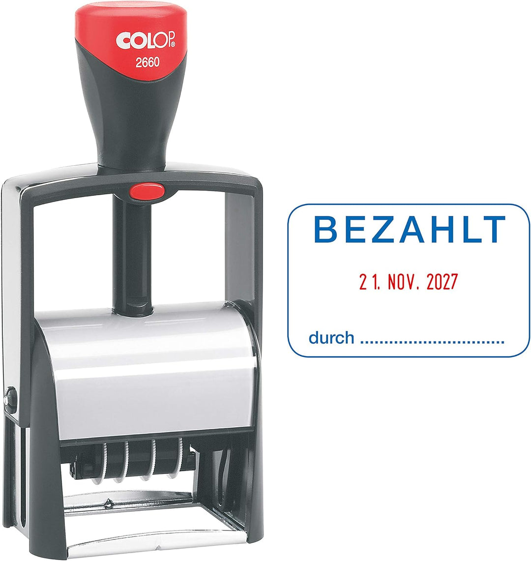 COLOP 2660 Datumstempel mit Text Bezahlt Datum deutsch Abdruck Blau/rot im Karton, klein