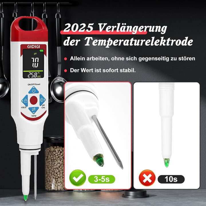 pH Messgerät für Lebensmittel zur Fermentation mit pH-Kalibrierungskits, Farbdisplay, Speerspitze, p