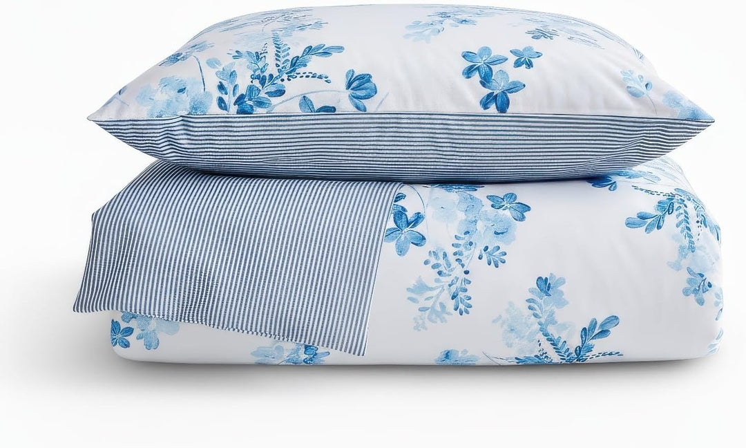LERUUM Bettwäsche Set 135X200 Baumwolle Streifen Blumen Reversibel Blau Bettbezugen (135 x 200 + 80
