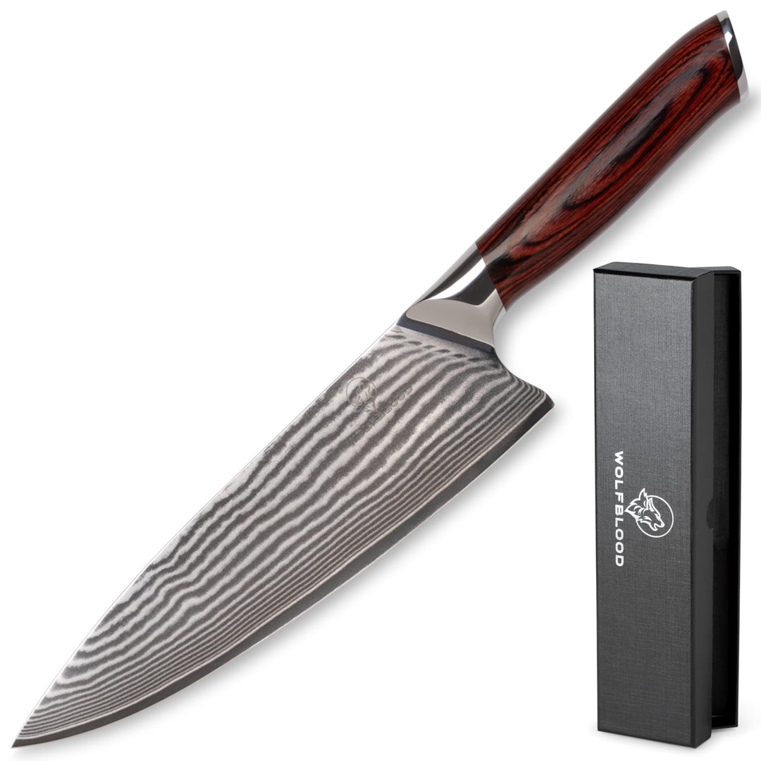 Wolfblood Damastmesser Küchenmesser XL (32cm) TÜV geprüfter 62 HRC Damaststahl aus 67 Lagen I Damast