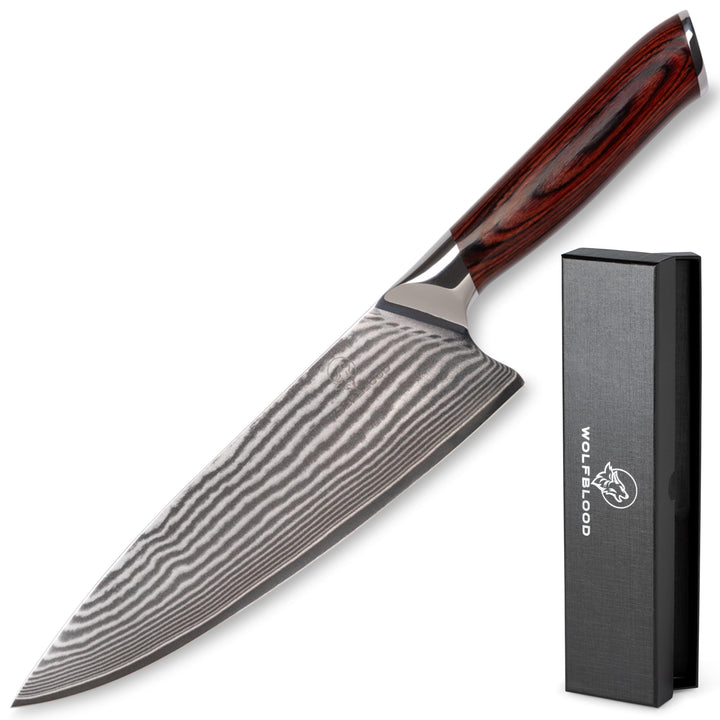 Wolfblood Damastmesser Küchenmesser XL (32cm) TÜV geprüfter 62 HRC Damaststahl aus 67 Lagen I Damast
