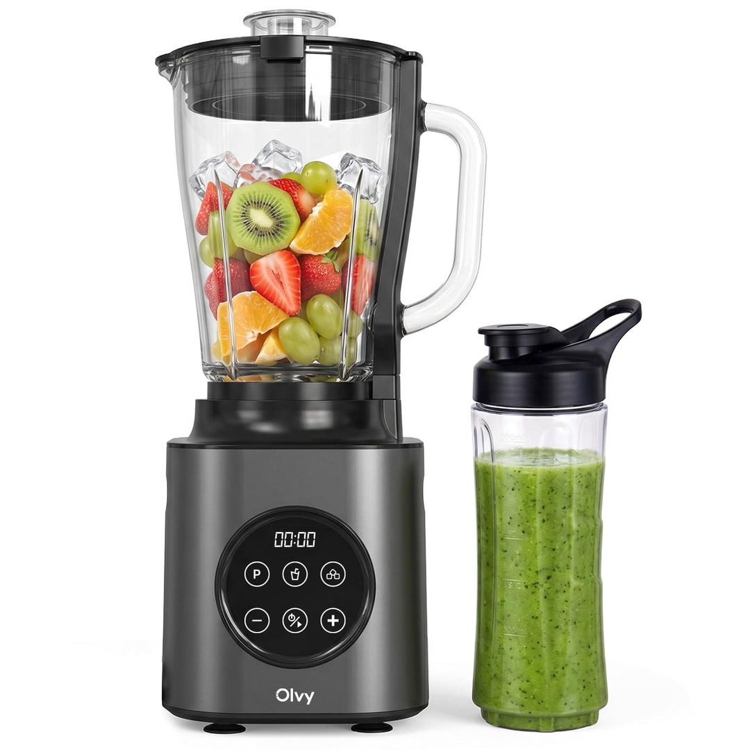 Olvy Standmixer Smoothie Maker 1500ml Glas To-Go 1000W 9 Stufen Display-Silver, Silver