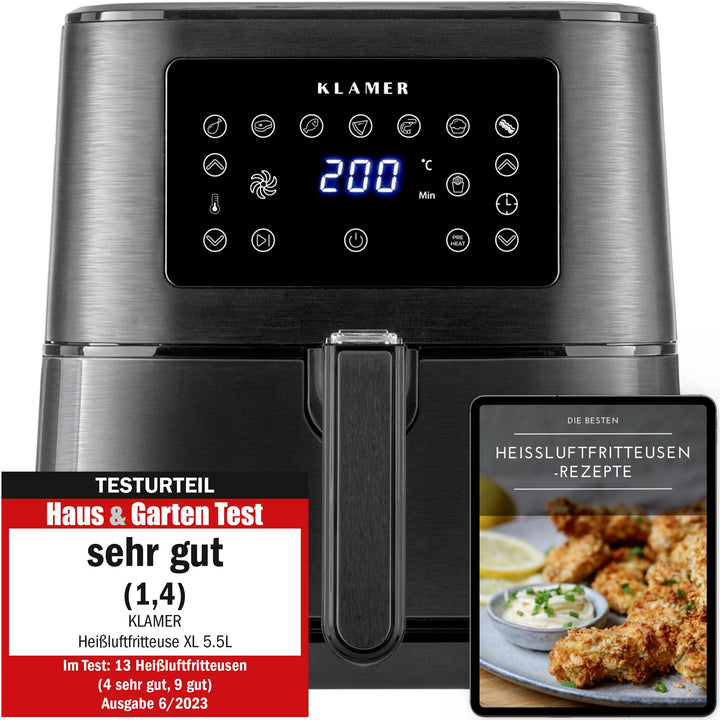 KLAMER Heissluftfritteuse 5,5l XXL, ölfreie Friteuse, 1700W Airfryer mit LED-Touchscreen, digitalem