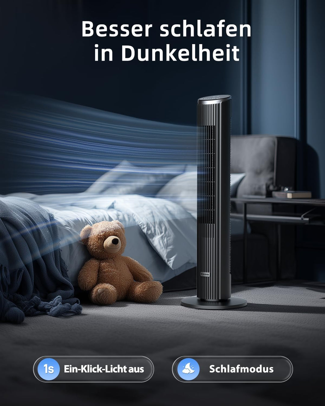 Leiser Turmventilator für Schlafzimmer, Standventilator mit Fernbedienung, 90° oszillierend, 4 Gesch