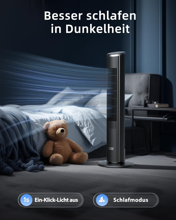 Leiser Turmventilator für Schlafzimmer, Standventilator mit Fernbedienung, 90° oszillierend, 4 Gesch