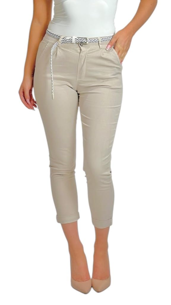 Mississhop Damen Baumwolle Klassische Chino Hose mit Gürtel L Beige, L Beige