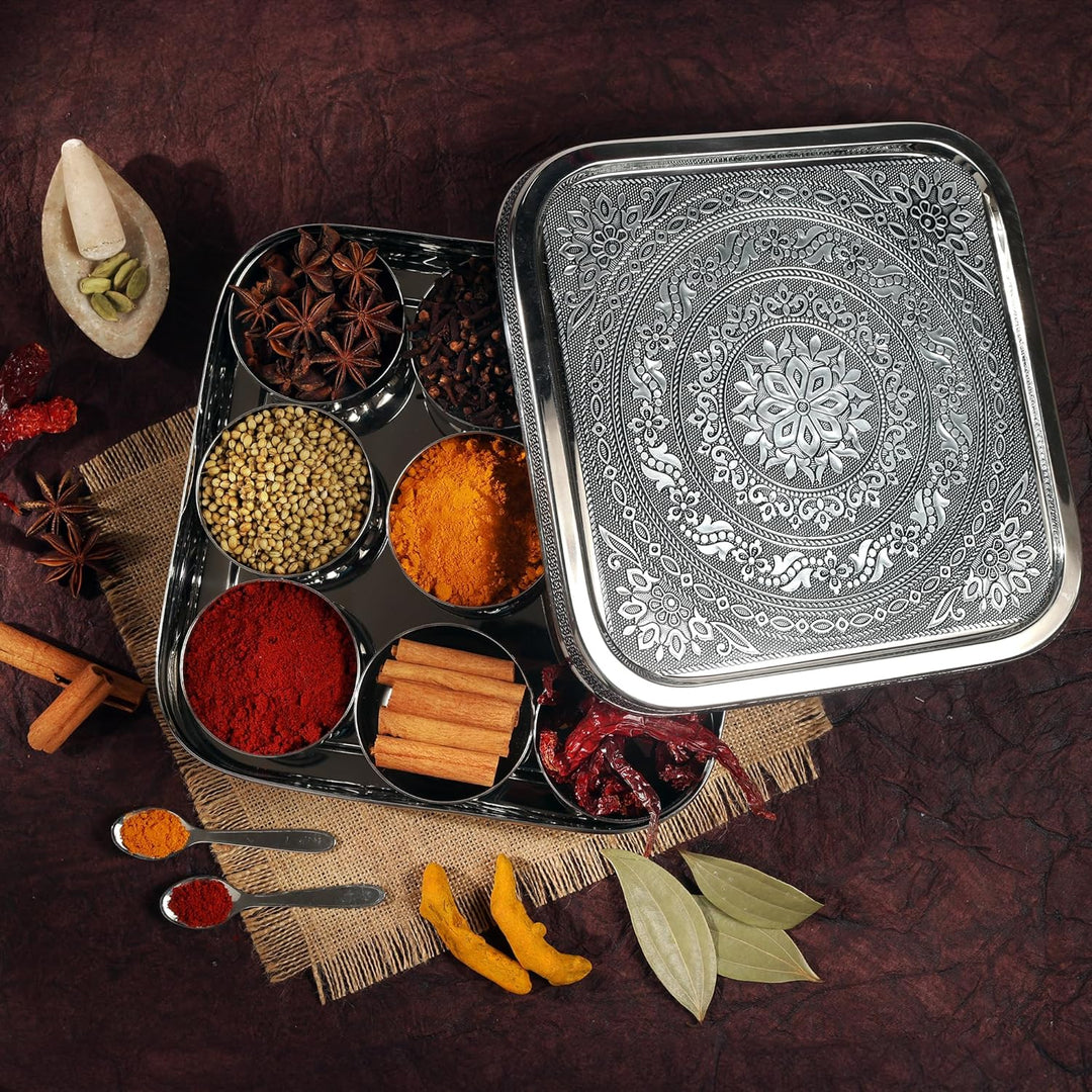 KSJONE Designer-Gewürzdose aus Edelstahl für Masala Dabba, gross, Curry-Gewürzdose, Küchen-Masala-Be