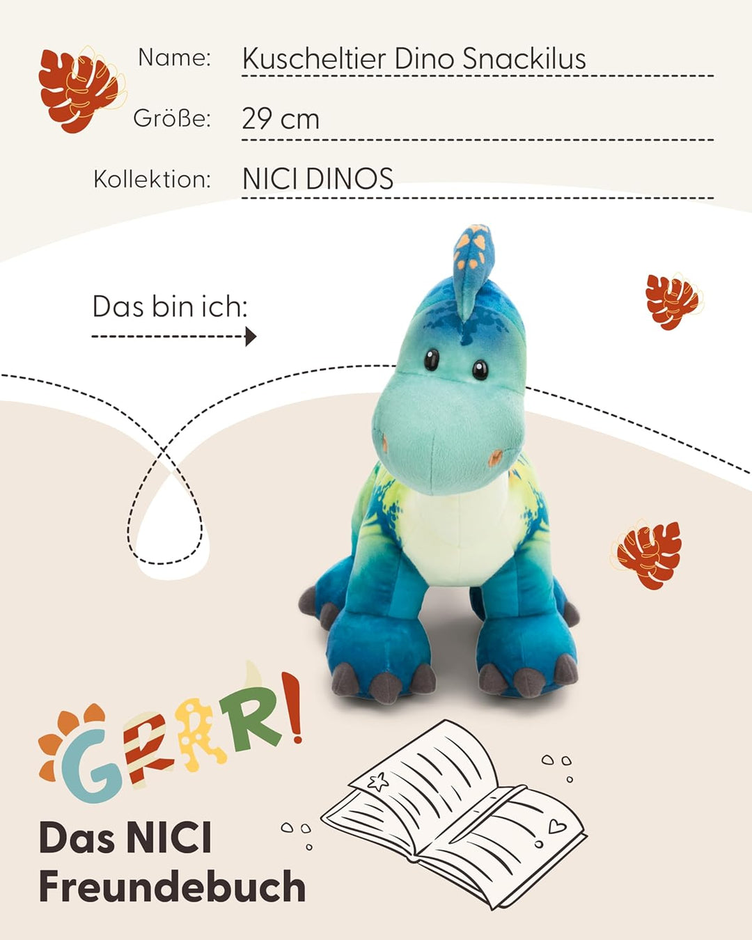 NICI Kuscheltier Dino Snackilus 29cm - blau - Weiches Plüschtier – niedliches Stofftier zum Kuscheln
