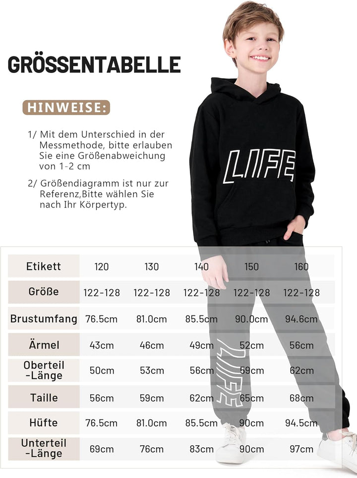 NATUST Kinder Trainingsanzug Jungen Mädchen Sportanzug Einfarbig Sweat Jogginganzug 120 Schwarz, 120