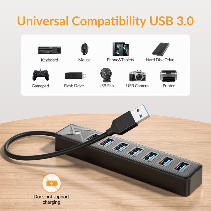GiGimundo PG7U USB Hub 3.0, 7-Port USB Verteiler, 15CM Kurz Kabel mit 5V/3A Stromeingang, Mehrfach U