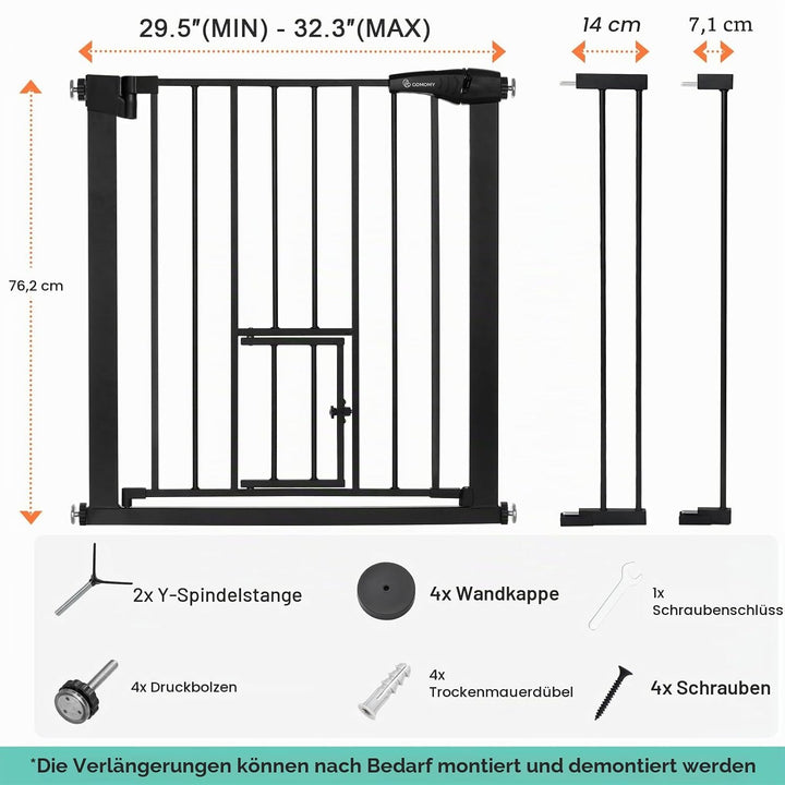 COMOMY Treppenschutzgitter ohne Bohren für Hunde und Katzen, 75-103cm Türschutzgitter mit Katzenklap
