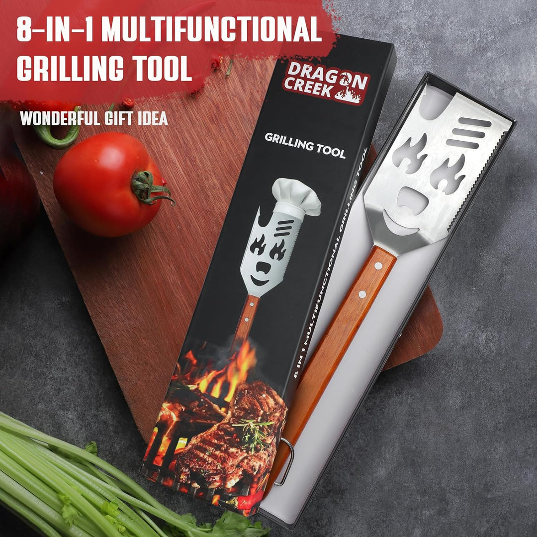 8 in 1 Grillspachtel für Barbecue, Grillbesteck mit Holzgriff, Multifunktionales Grill Zubehör, 40.5