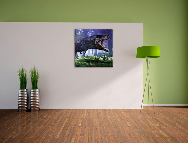 T-Rex Dinosaurier im Wald, Format: 70x70 auf Leinwand, XXL riesige Bilder fertig gerahmt mit Keilrah