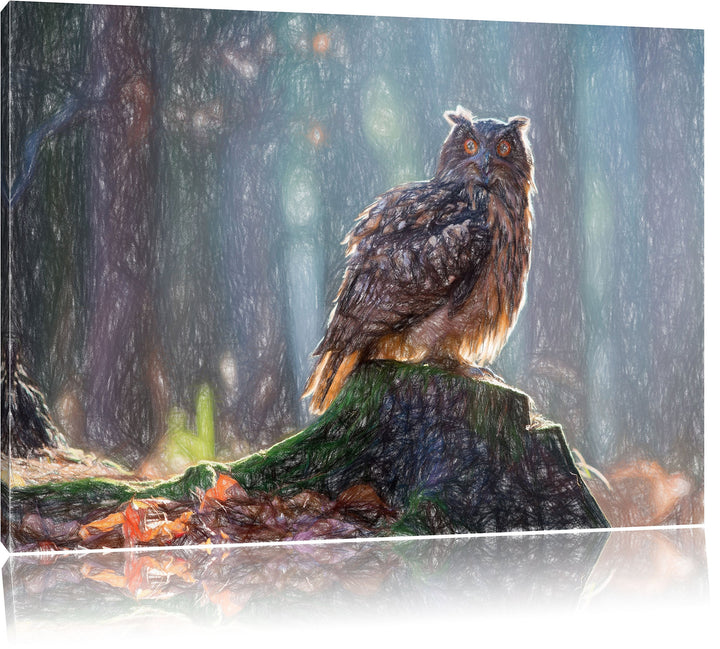 Pixxprint Eule auf dem Baumstamm als Leinwandbild/Grösse: 100x70 / Wandbild/Kunstdruck/fertig bespan