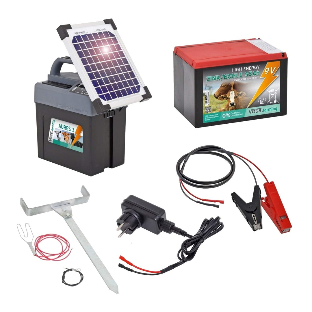 Voss.Farming Aures 3 Solarset Komplettset Weidezaungerät inkl. Solar, 9V 12V Anschluss sowie Batteri