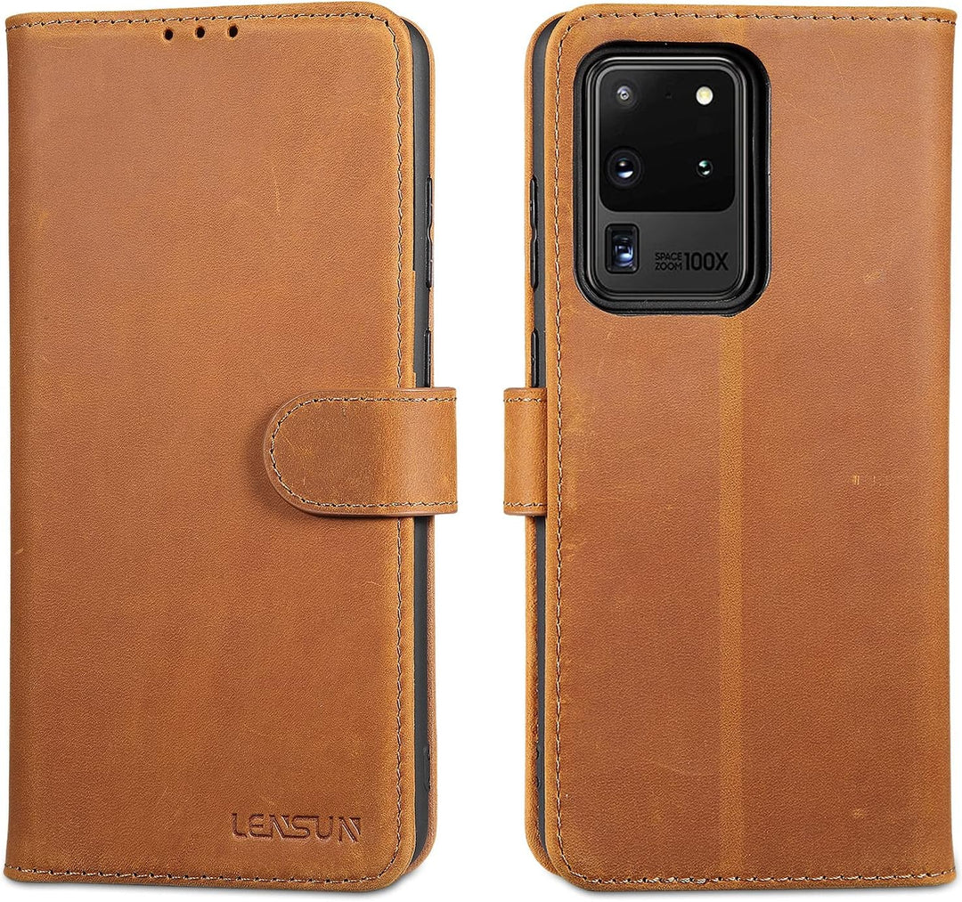 LENSUN Echtleder Hülle für Samsung Galaxy S20 Ultra, Handyhülle Leder [Magnetverschluss][RFID Schutz