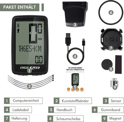 Fahrradcomputer USB Aufladbar, Fahrrad Kilometerzähler Tachometer Kabellos IPX7 Wasserdicht, Fahrrad