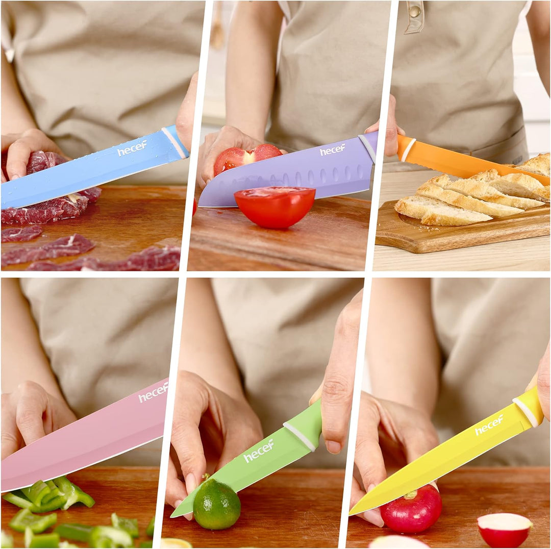 hecef 6 Teilig Messer Set, Küchenmesser Set Bunte Non-Stick, Scharfe Messerset Edelstahl, Profi Koch