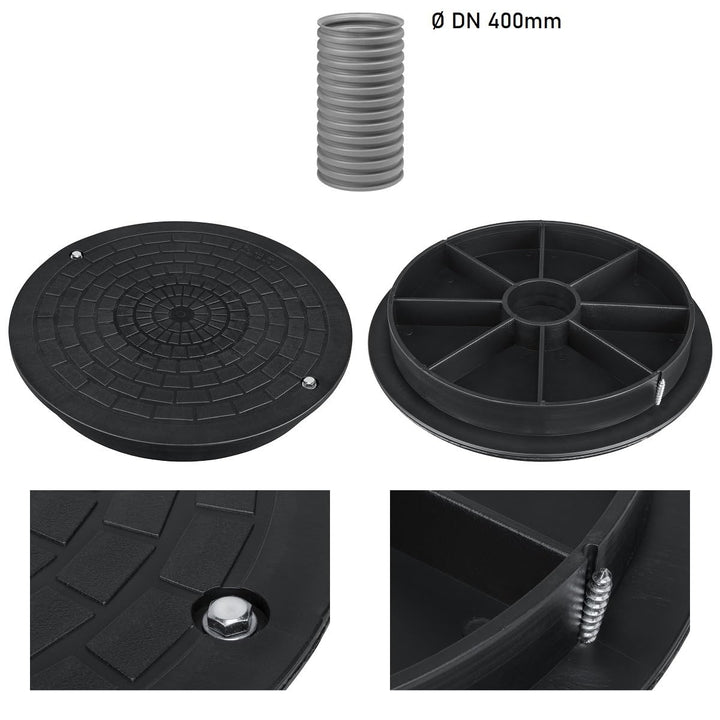 Kanaldeckel für Wellrohr Ø DN400 Schachtabdeckung Schachtdeckel Kontrollschacht Schwarz Rund, Rund