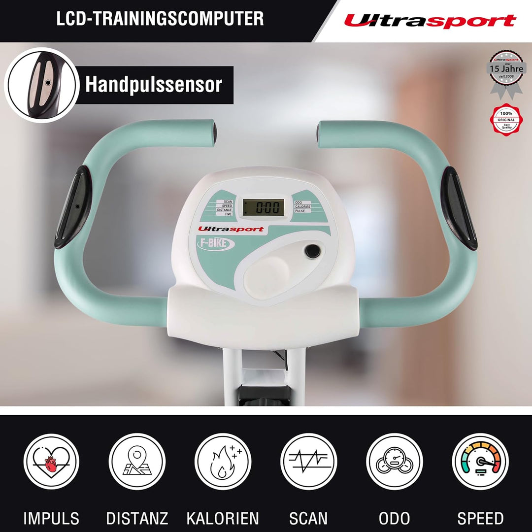 Ultrasport F-Bike, Fahrradtrainer, Heimtrainer, klappbarer Hometrainer, LCD Display, opt. Handpulsse