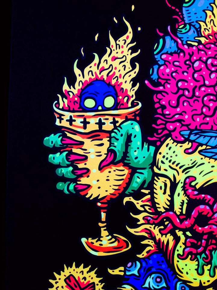 PSYWORK Schwarzlicht Stoffposter Neon | Trippy Fire Skull | 1,5 x 2,0m | UV-aktiv | fluoreszierend |