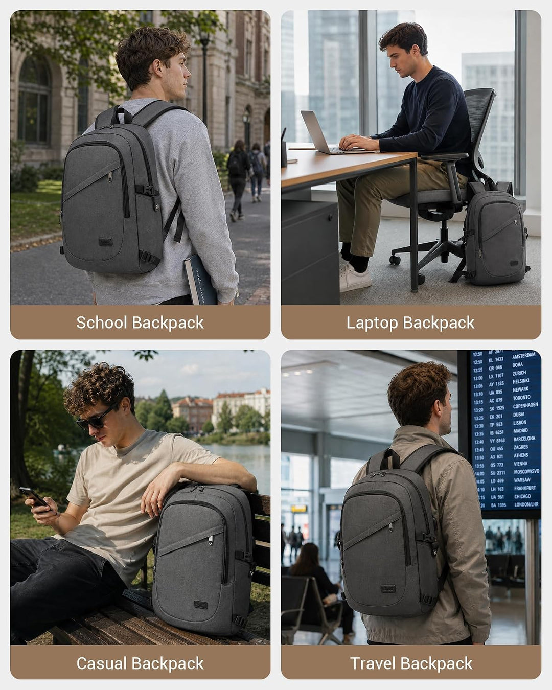 KONO Rucksack Herren, Laptop Rucksack 15,6 Zoll Anti-Diebstahl mit USB-Ladeanschluss, Schulrucksack