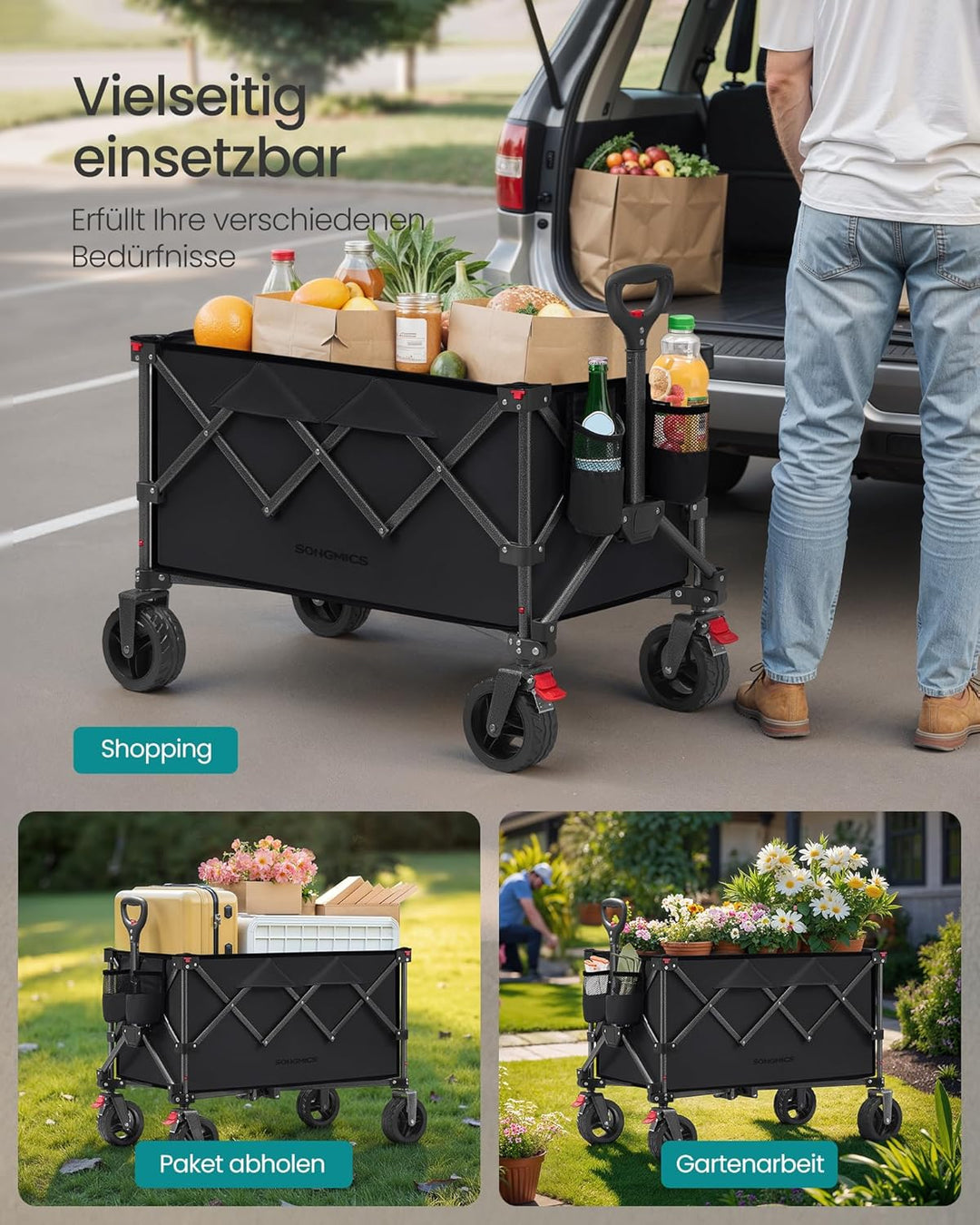 SONGMICS Handwagen faltbar, Bollerwagen, Gartenwagen, Campingwagen mit Griff, 4 abnehmbaren Rollen,