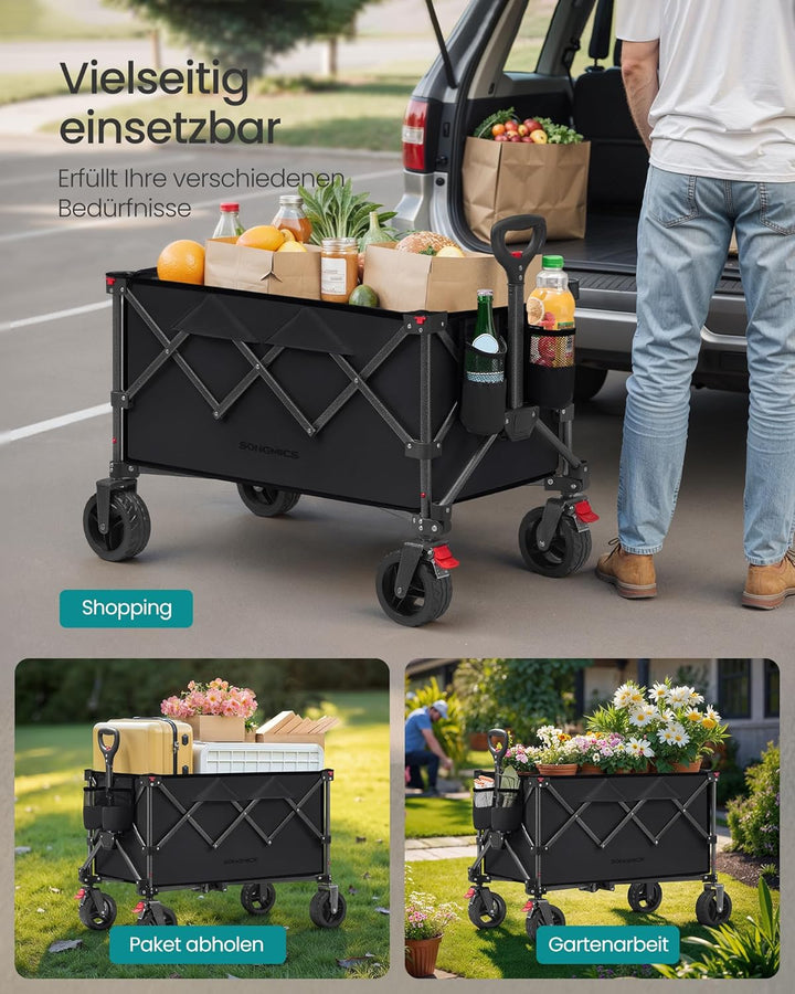 SONGMICS Handwagen faltbar, Bollerwagen, Gartenwagen, Campingwagen mit Griff, 4 abnehmbaren Rollen,