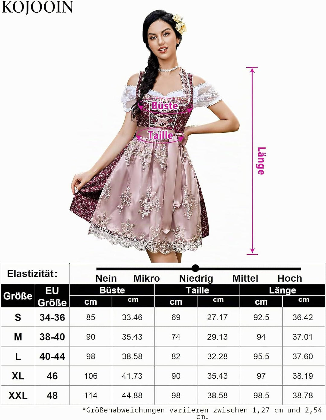 KOJOOIN Trachtenkleid Dirndl Kurz Damen Midi für Oktoberfest 3tlg.- DREI Teilig: Kleid, Bluse, Schür