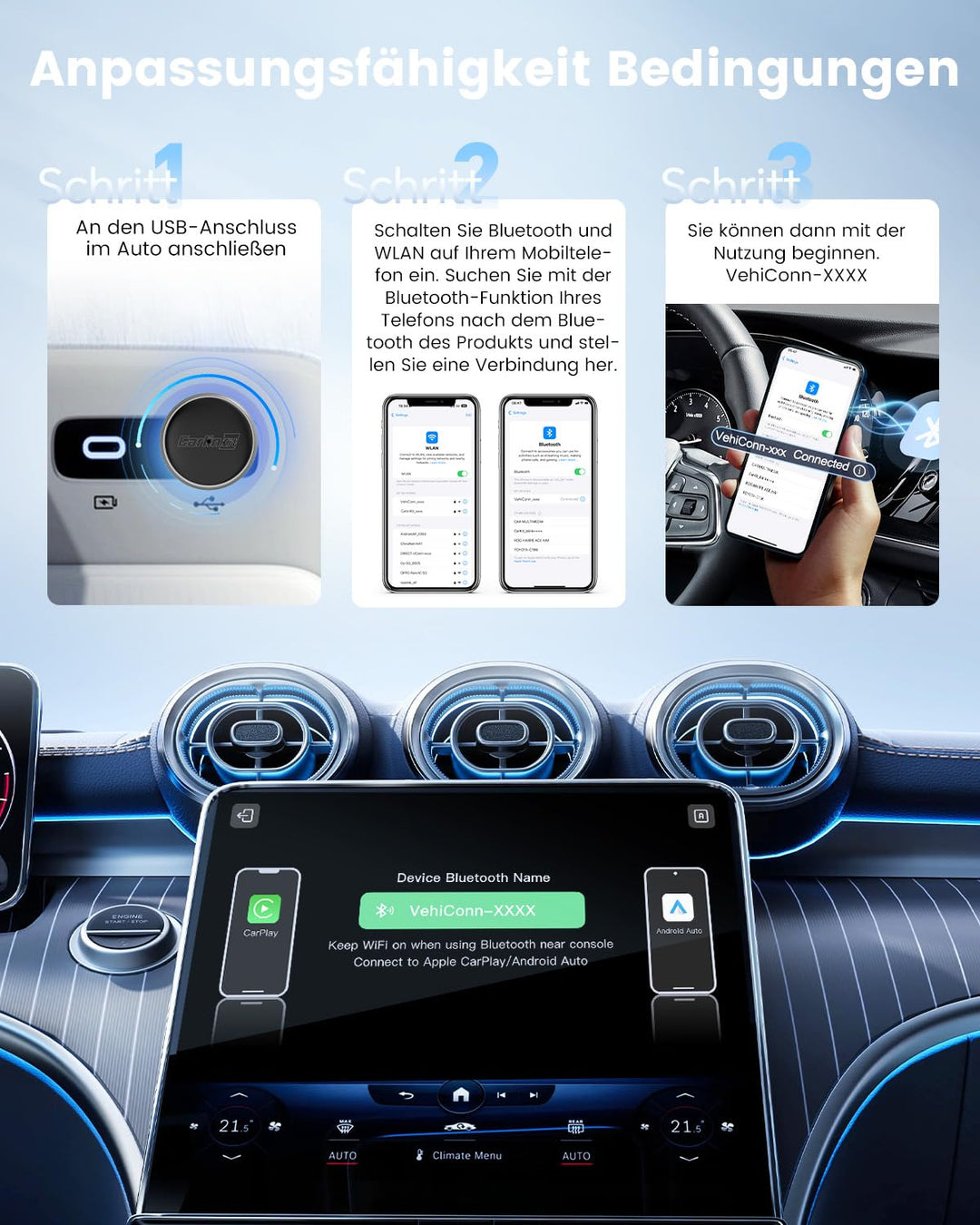CarlinKit MINI-Ultra 3 Wireless Adater – Konvertiert kabelgebundenes CarPlay/Android Auto in kabello