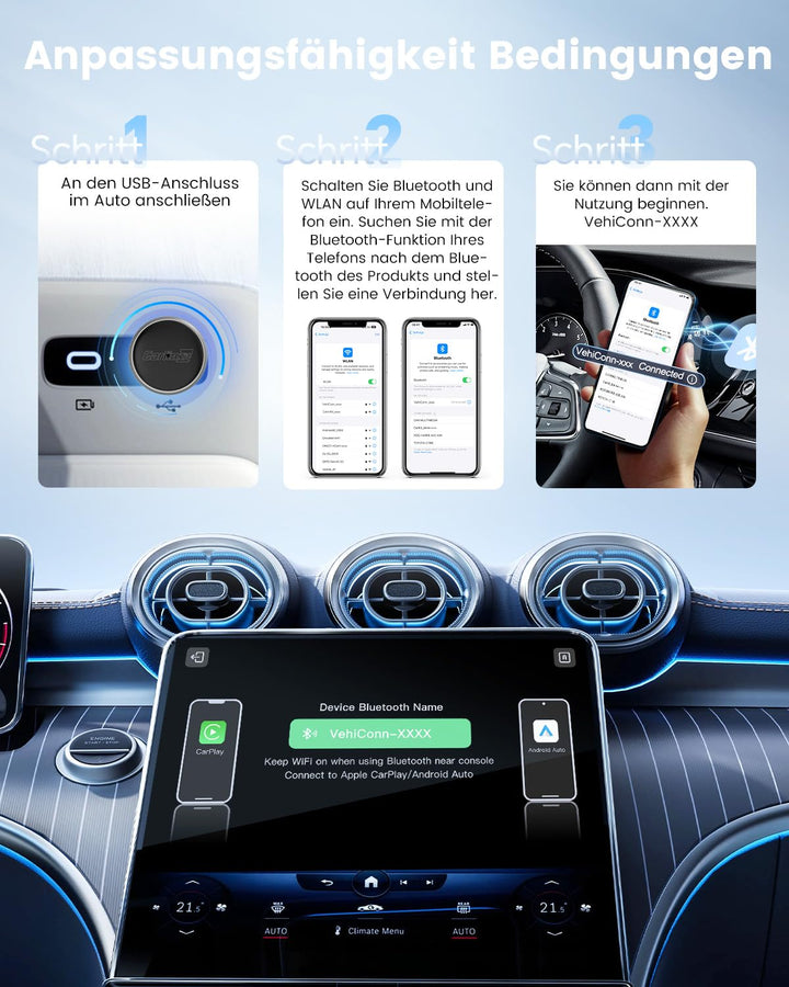 CarlinKit MINI-Ultra 3 Wireless Adater – Konvertiert kabelgebundenes CarPlay/Android Auto in kabello
