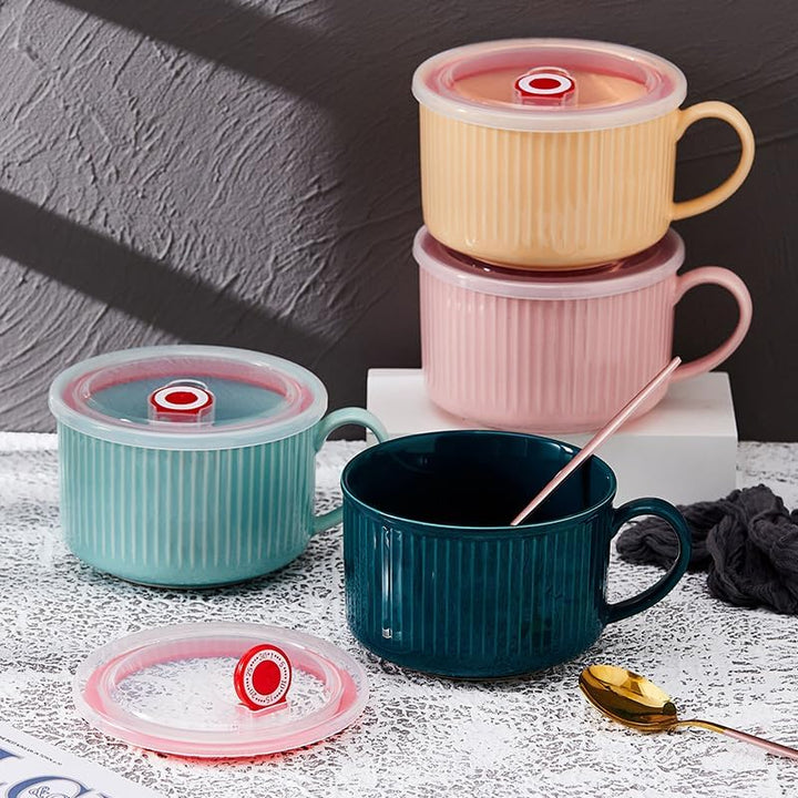 Keramik Suppenschalen mit Griff und Deckel, 750 ml Grosse Suppentasse für Suppe, Instant-Nudel, Müsl