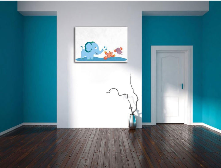 Pixxprint Elefant mit Vögeln als Leinwandbild/Grösse: 100x70 cm/Wandbild/Kunstdruck/fertig bespannt,