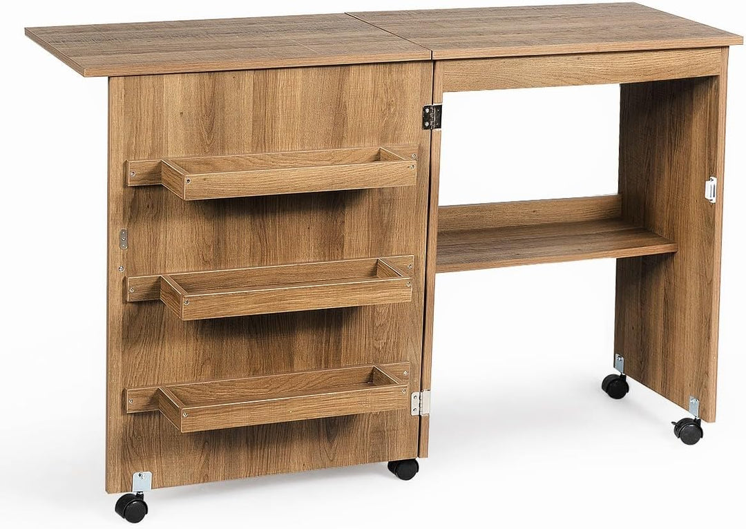 LIFEZEAL Nähmaschinenschrank klappbar, Nähschrank 2 in 1, Schreibtisch Holz mit Haken, Ablage &amp; Roll