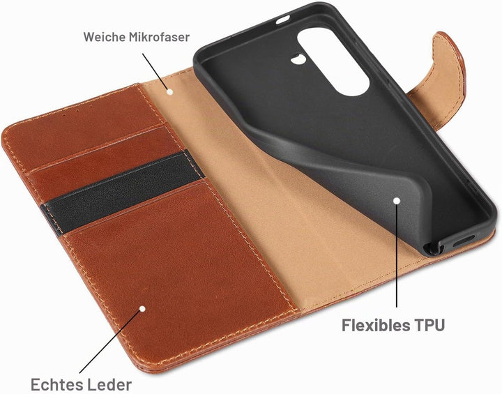 LENSUN Hülle für Samsung Galaxy S24 Echtleder, Handyhülle [Echtes Leder][Standfunktion][RFID Schutz]