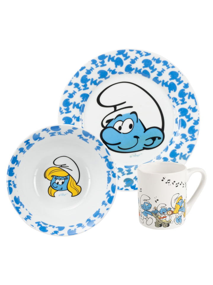 Die Schlümpfe Frühstücksset für Kinder - Geschirr Set 3-tlg. Teller, Schale & Tasse aus Porzellan Bl