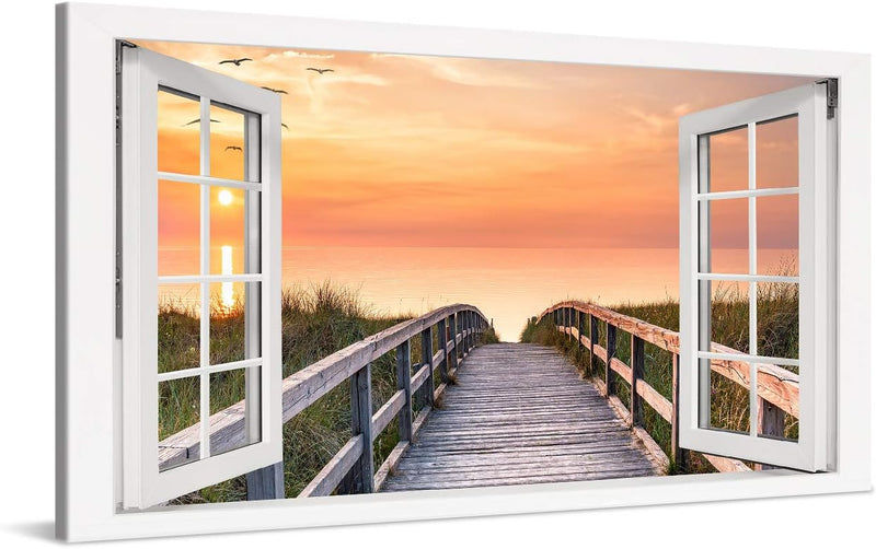 PICANOVA – Bild auf Leinwand Holzweg zum Meer Fenster 100x50cm – Leinwandbild – Premium Leinwanddruc