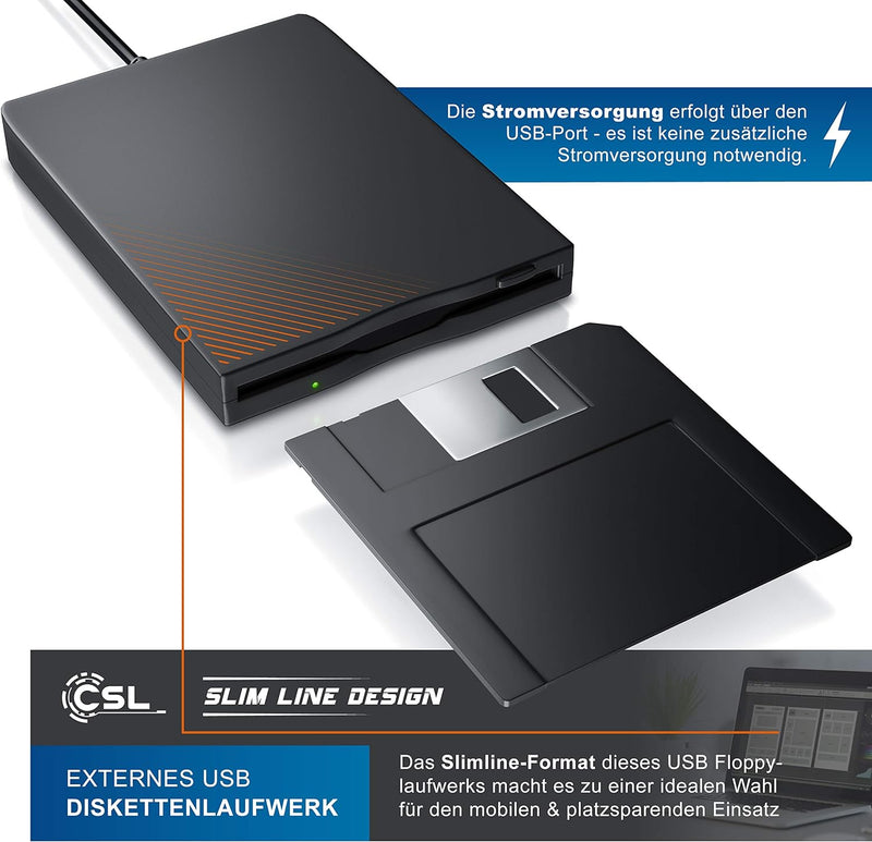 CSL - Externes USB Diskettenlaufwerk FDD 1,44MB 3,5 Zoll - PC und MAC - Slimline Floppy Disk Drive E